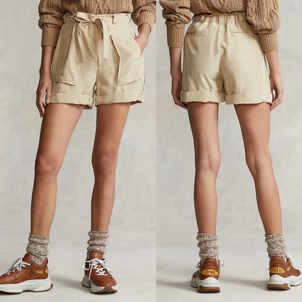 Polo Ralph Lauren 100% Mulberry Silk Cargo Shorts Cream Utility Cargo Shorts 10